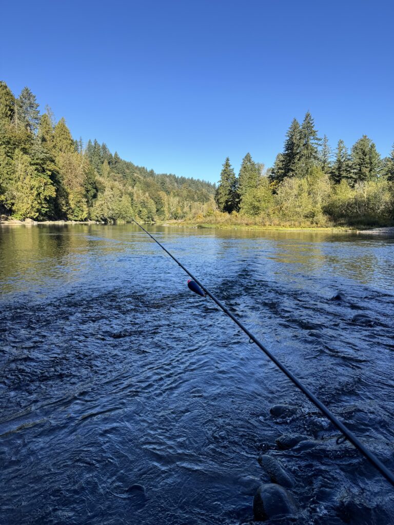 Pacific Northwest river float fishing setup for salmon