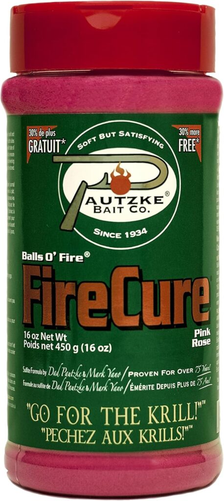 Pautzke Fire Cure salmon egg cure in pink and red for river fishing
