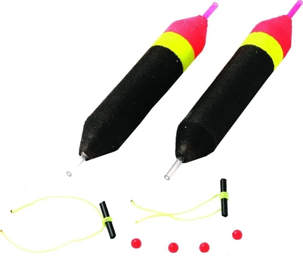 a picture of multicolored foam fishing floats with beads and bobber stops