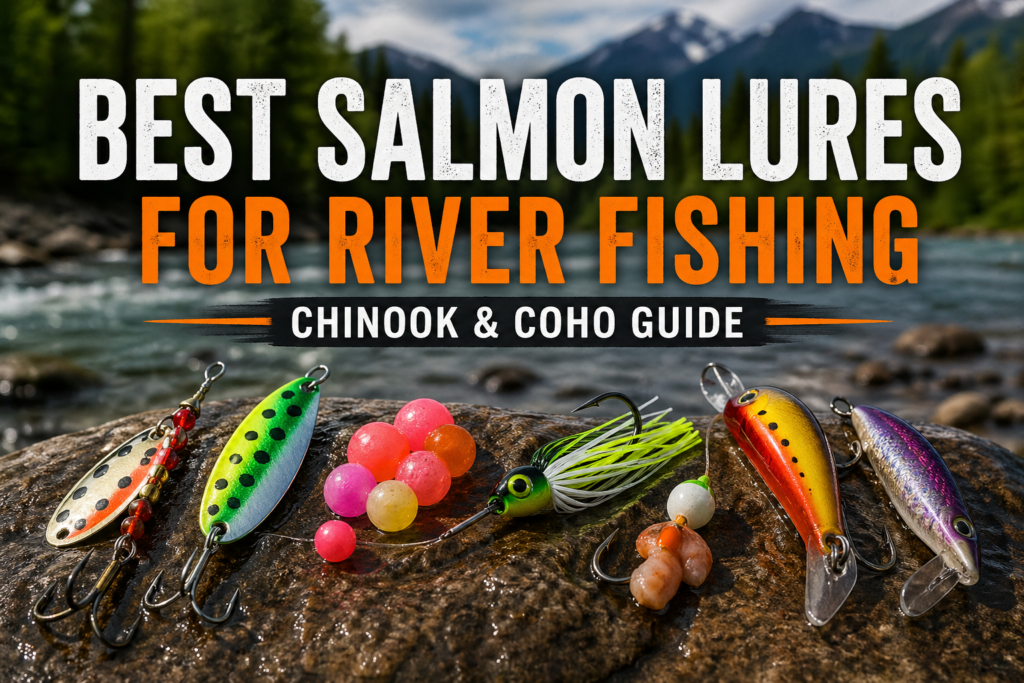 Best salmon lures for river fishing for Chinook and coho including spinners, spoons, beads, jigs, and plugs on a riverbank