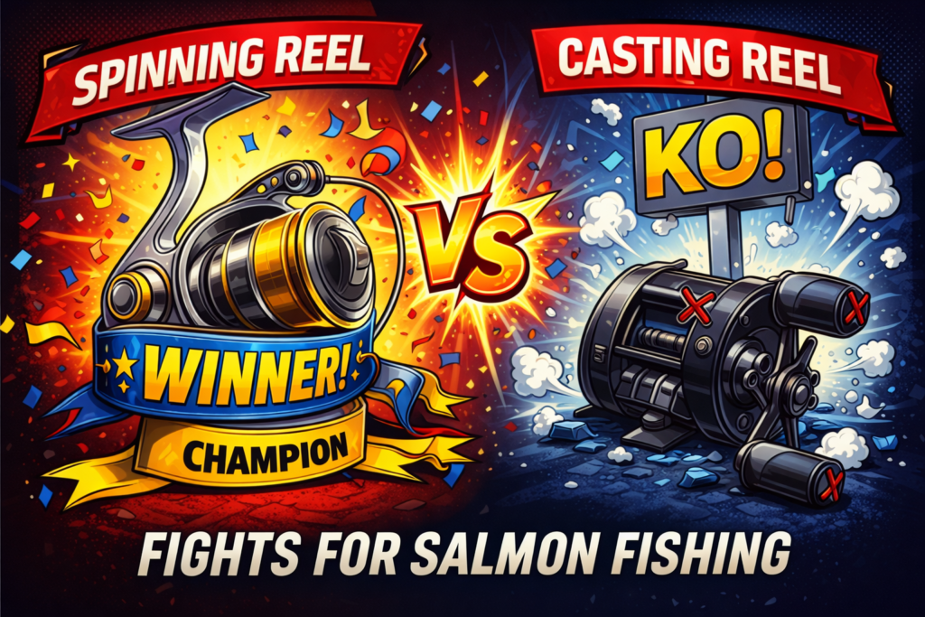 spinning reel vs casting reel illustration with spinning reel shown as the winner for salmon fishing