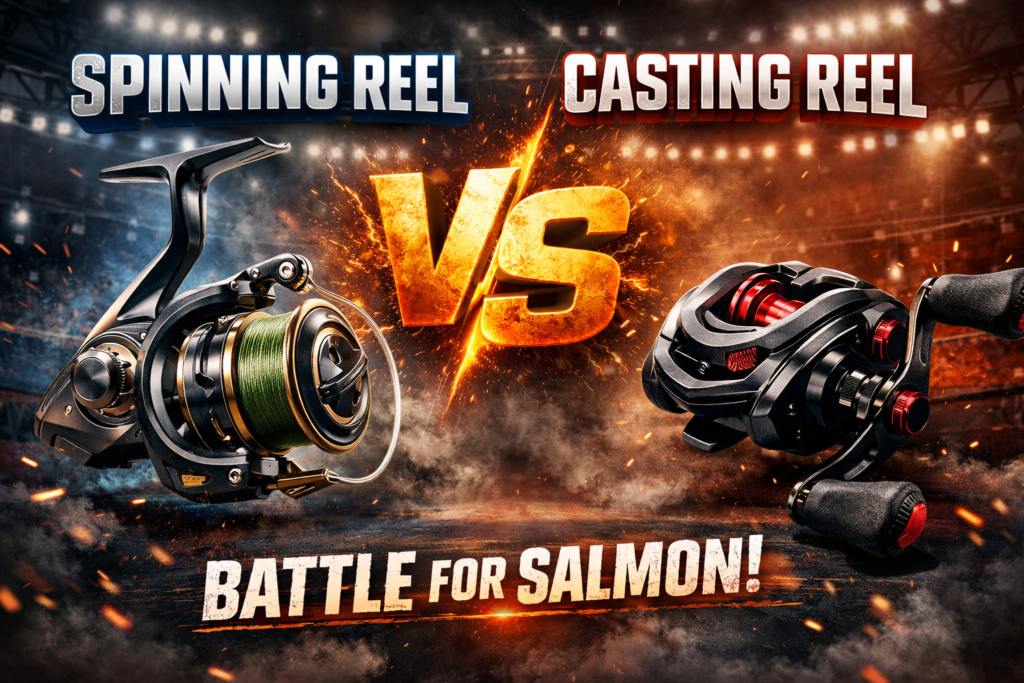 spinning reel vs casting reel comparison styled like a boxing match for salmon fishing