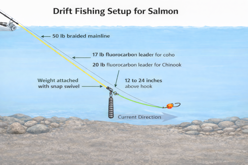 Drift fishing setup for salmon showing 50 lb braided mainline, fluorocarbon leader, snap swivel weight, and baited hook near bottom
