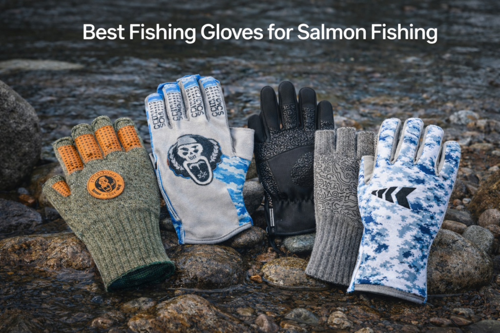 Four salmon fishing gloves arranged on wet river rocks beside a flowing river, showing both cold-weather and sun glove styles.