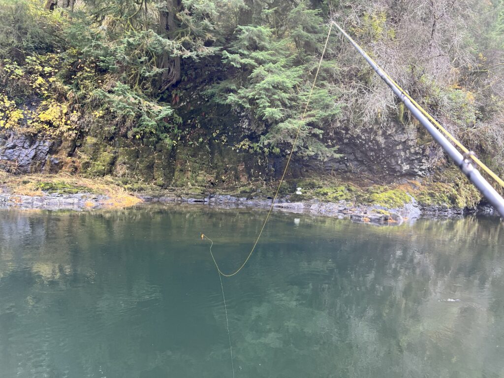 Salmon float fishing setup drifting in a river showing line and presentation under a bobber