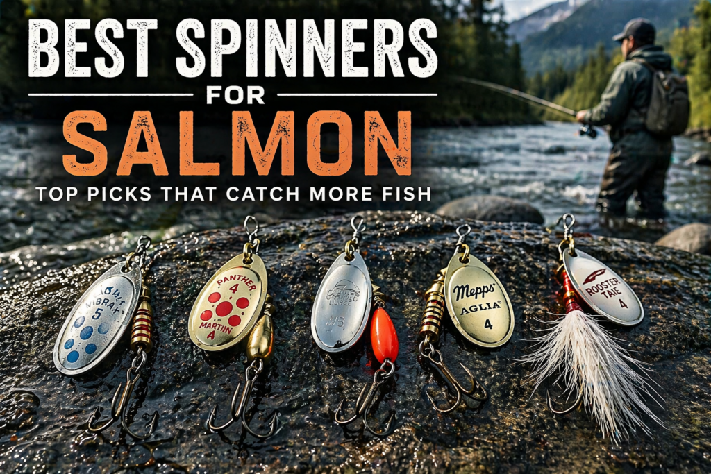 Best salmon fishing spinners including Blue Fox Vibrax, Panther Martin, Mepps Aglia, and Rooster Tail displayed on river rocks with angler fishing in background