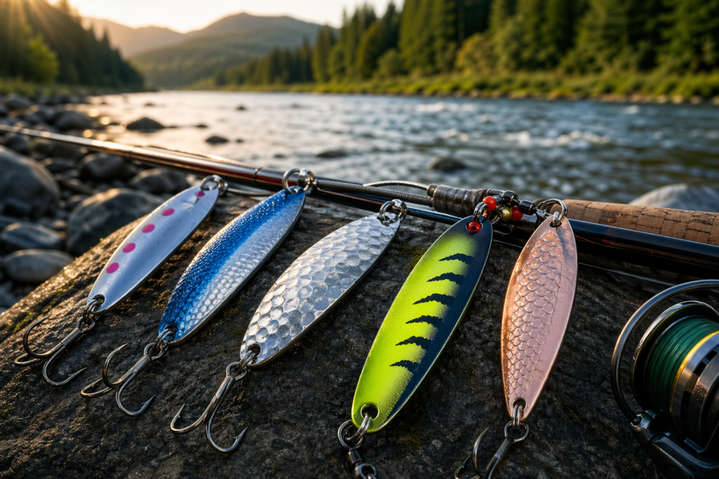 Salmon fishing spoons on a rock beside a rod and reel along a riverbank in a Pacific Northwest mountain river.