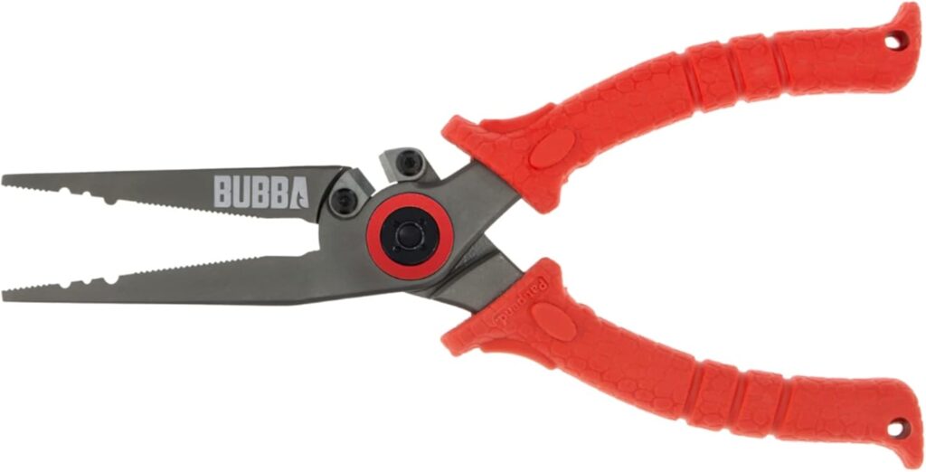 BUBBA 8.5 inch stainless steel fishing pliers with non-slip handle, lanyard, and sheath