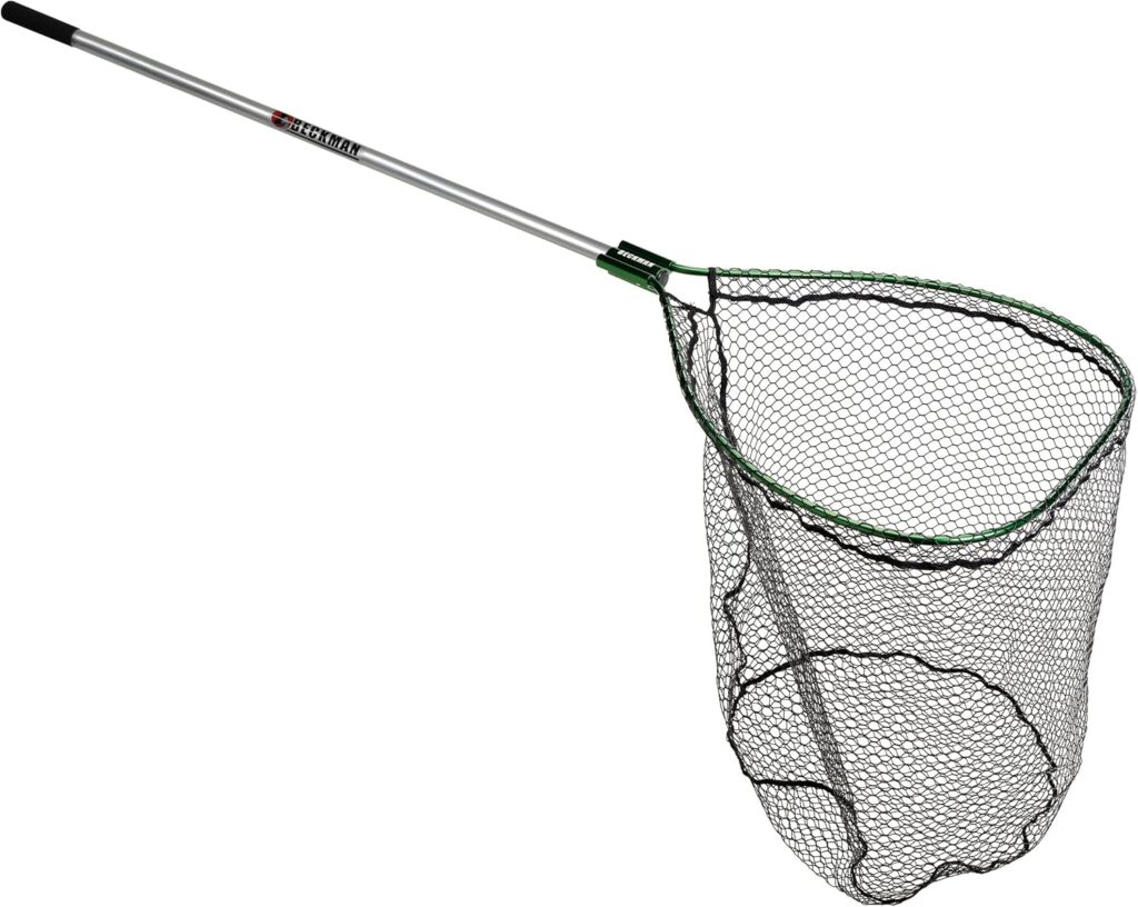 Beckman coated landing net with oblong salmon hoop, deep coated bag, and adjustable handle