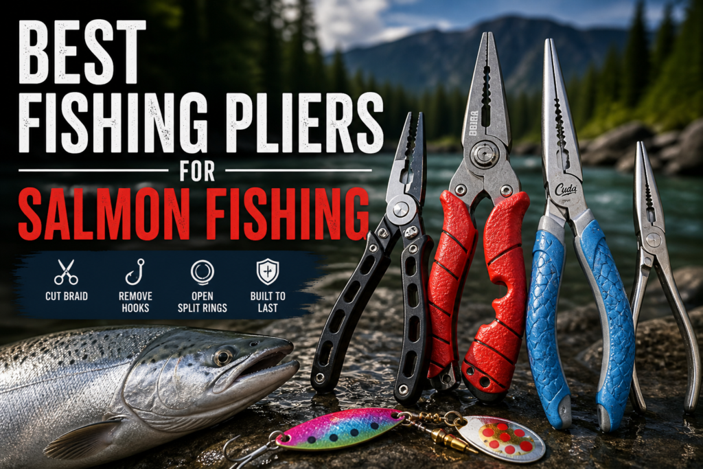 Fishing pliers and salmon tackle on a wet river rock with a Northwest river, evergreen trees, and mountains in the background.