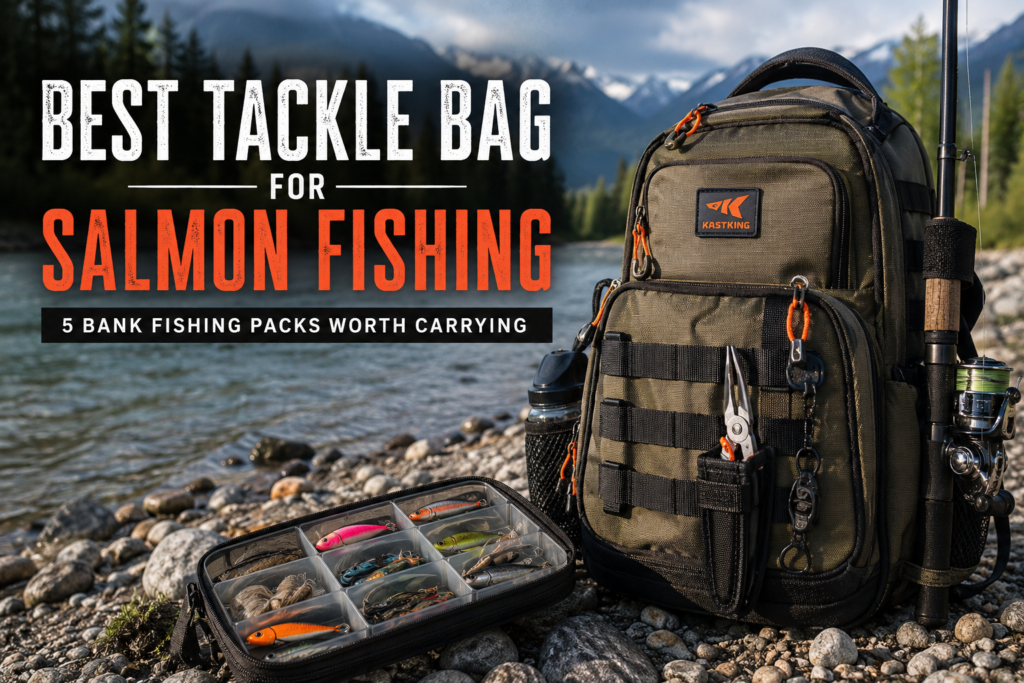 Tackle backpack with salmon fishing lures, pliers, rod, and gear on a rocky Northwest riverbank with evergreen trees and mountains in the background.