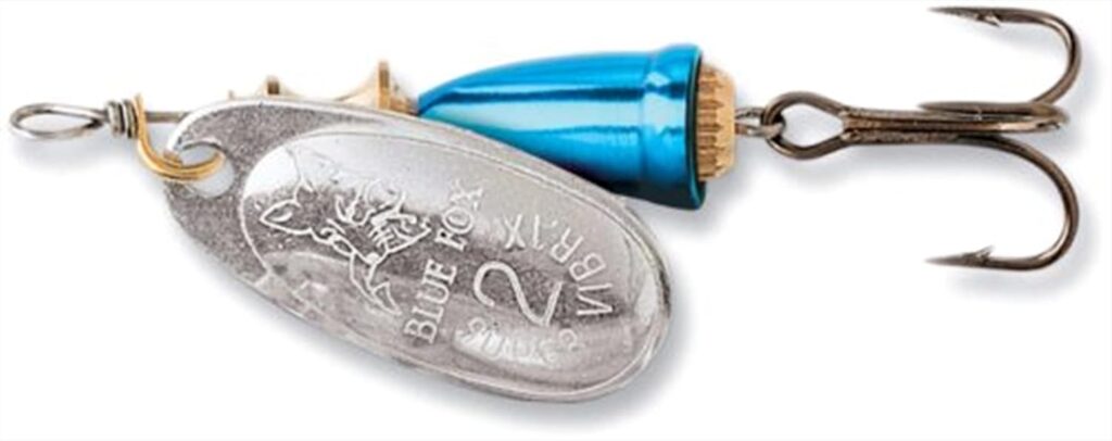 Blue Fox Vibrax silver and blue spinner for salmon fishing in rivers