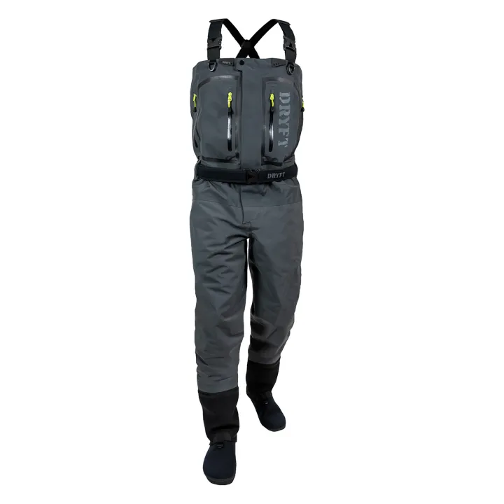 DRYFT Primo Zip Waders for salmon fishing with waterproof zipper, reinforced lower, and breathable chest wader design