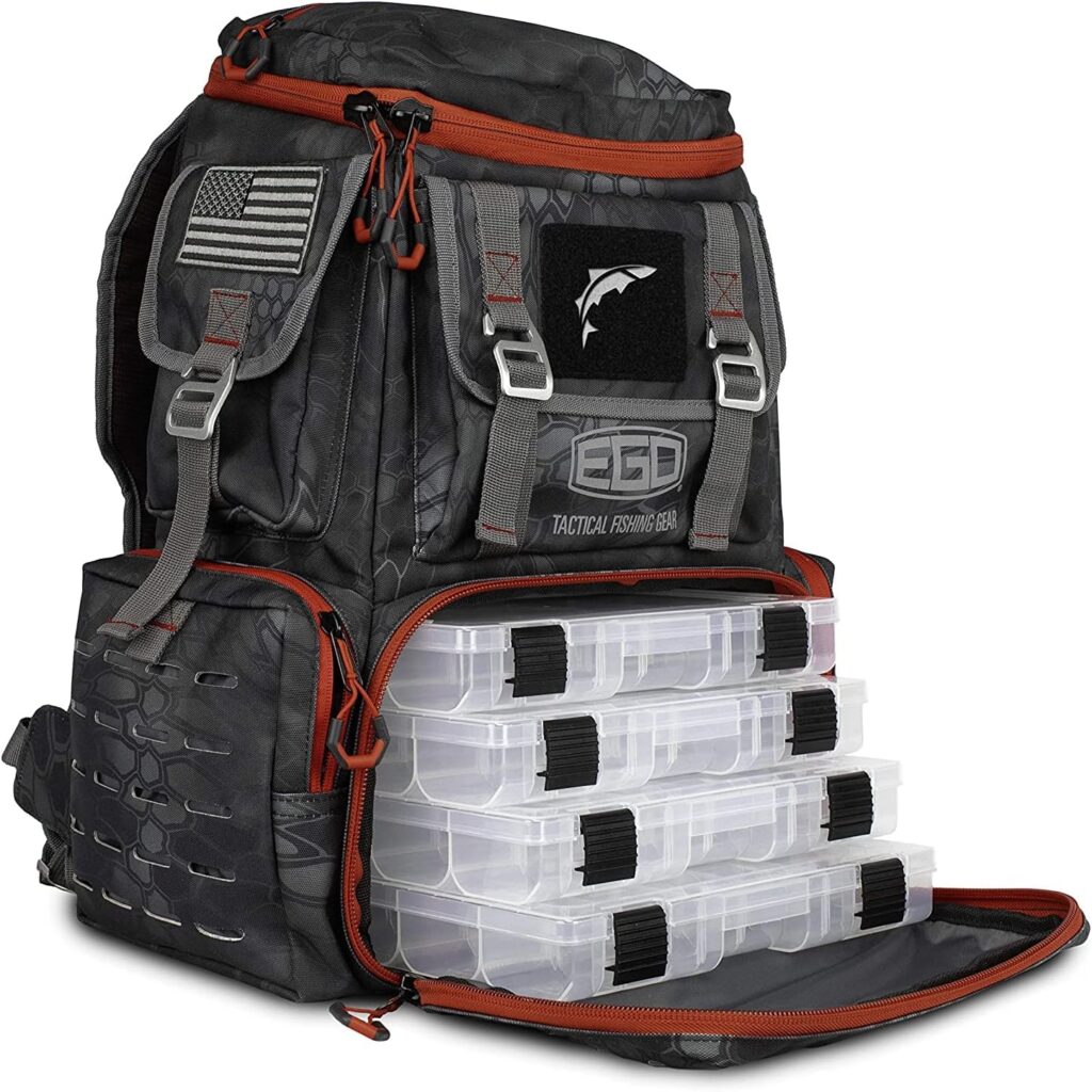 EGO Kryptek tactical tackle backpack with MOLLE loops and tackle trays for salmon bank fishing