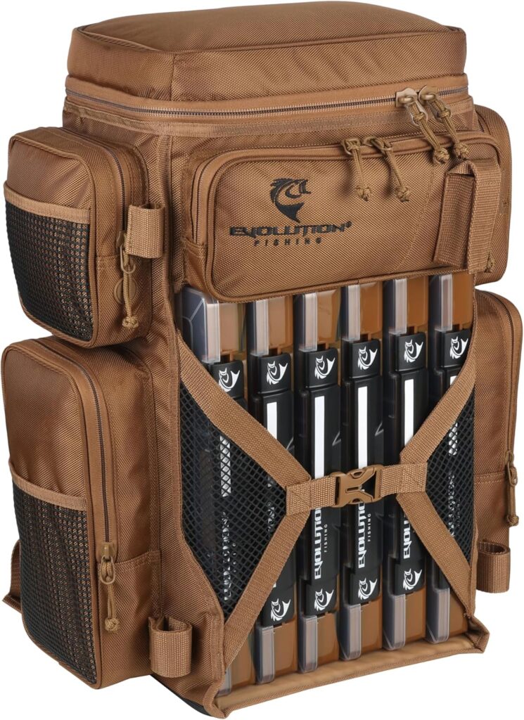  Evolution Fishing Drift Series tackle backpack with fishing trays, rod holders, and storage pockets for salmon fishing gear