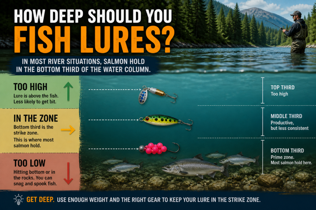 Diagram showing how deep to fish salmon lures, with spinners, spoons, and beads positioned in the strike zone near the bottom third of the water column.