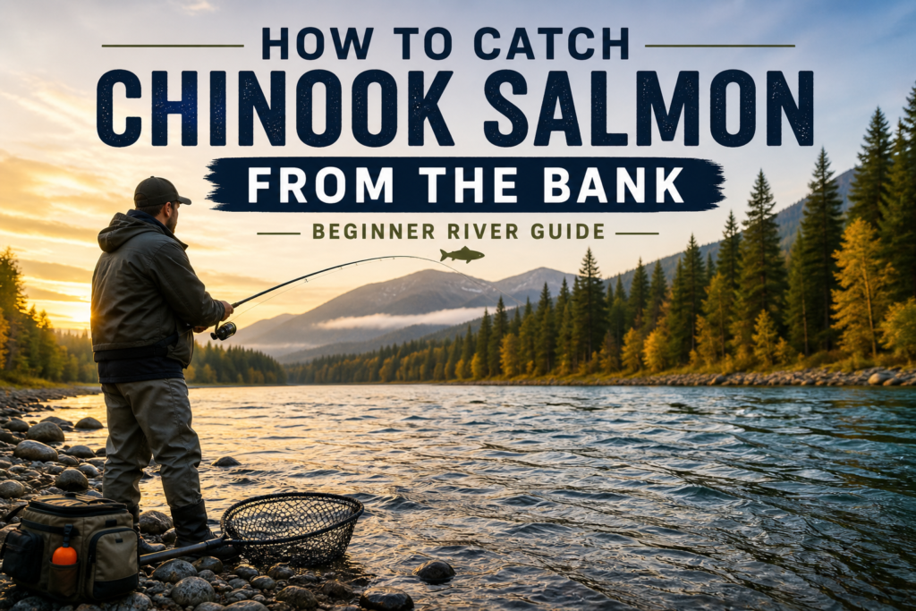 Bank angler fishing for Chinook salmon from a riverbank at sunrise with mountains and evergreen trees in the background.