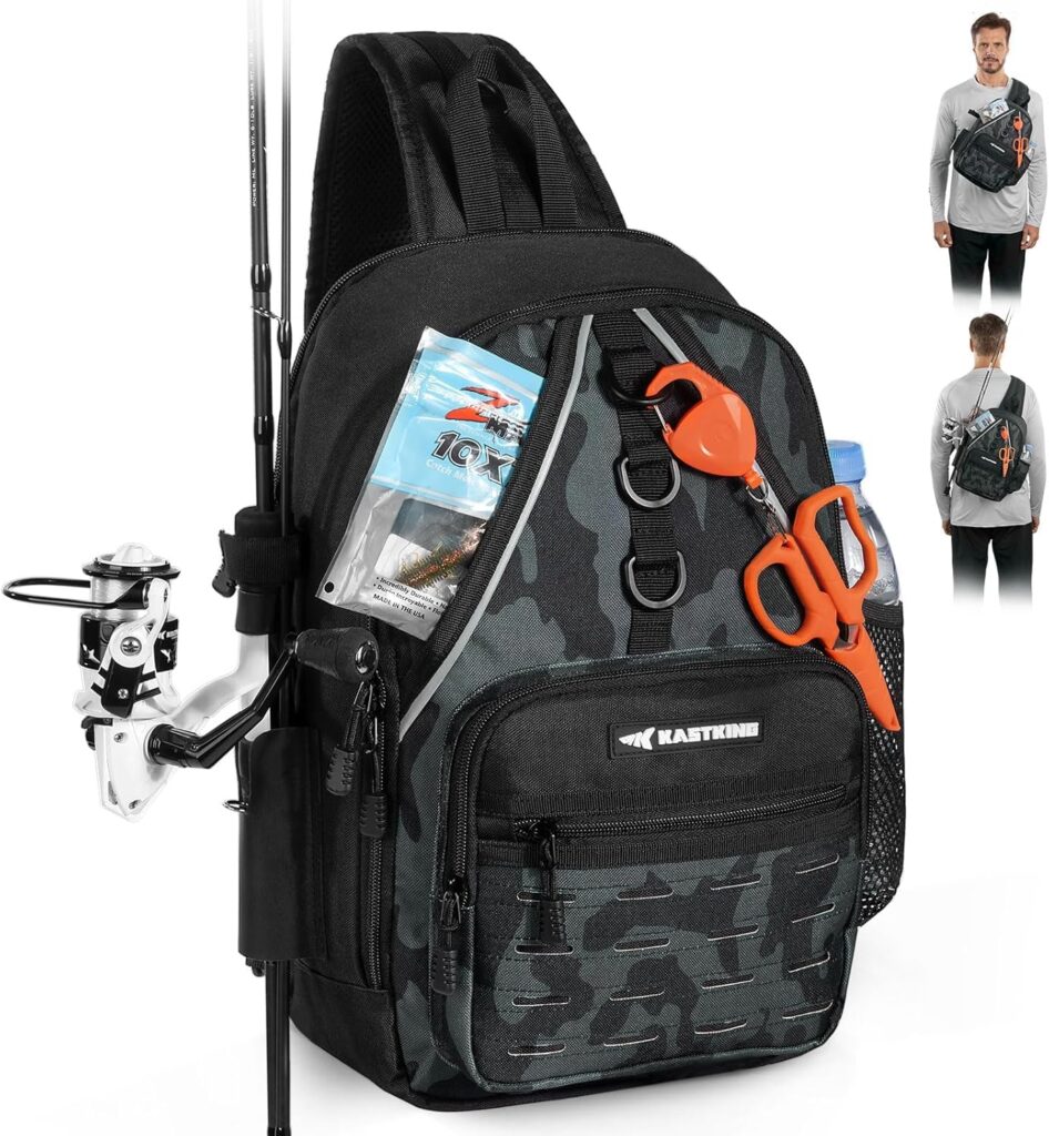 KastKing Karryall sling tackle bag with rod holder and storage pockets for light salmon fishing trips