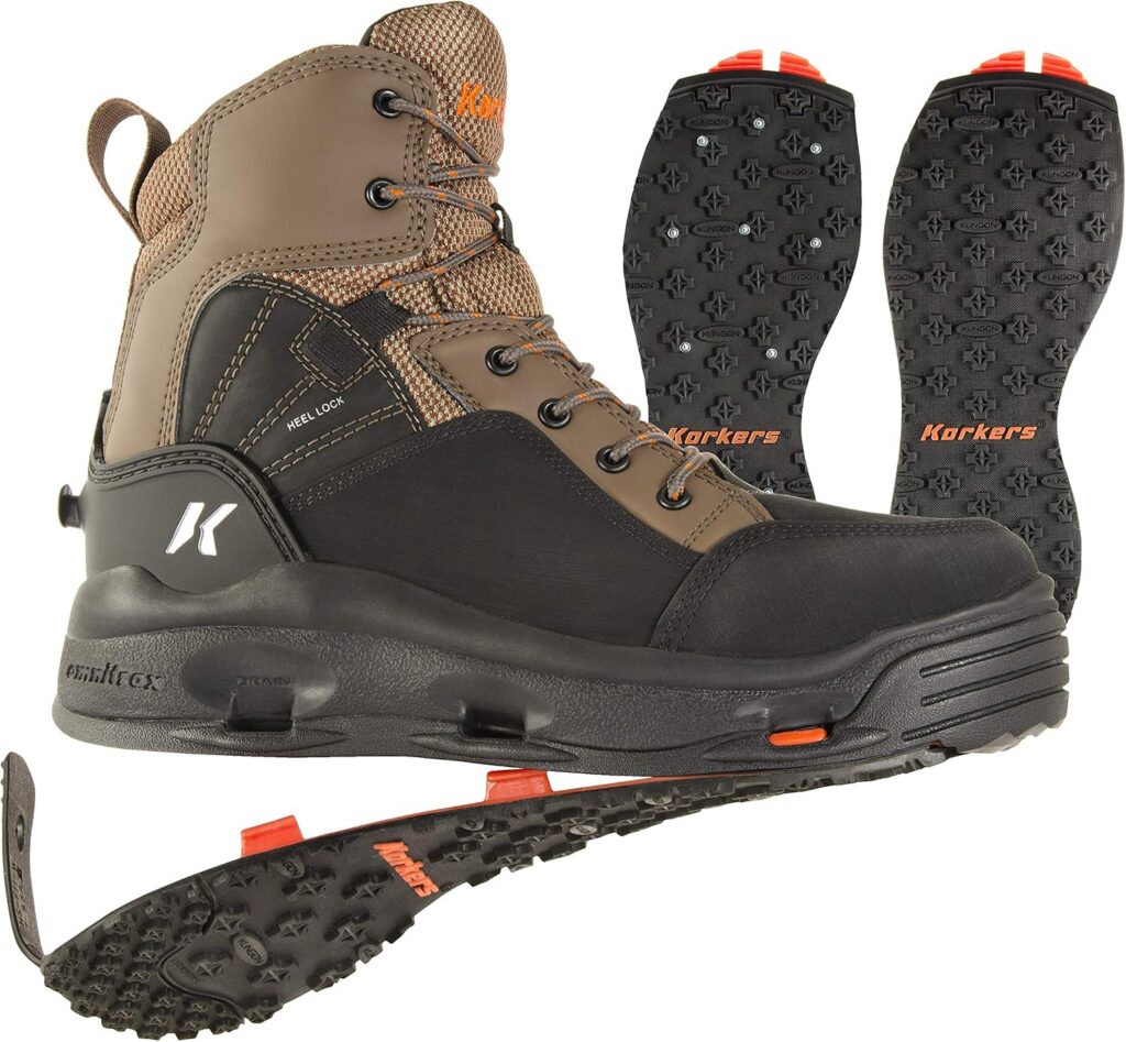 Korkers Buckskin wading boots with interchangeable soles for salmon fishing with stockingfoot waders.