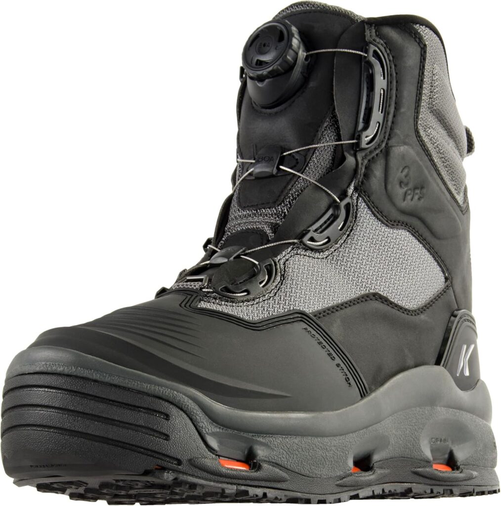 Korkers Darkhorse wading boots with BOA lacing and interchangeable soles for salmon fishing.