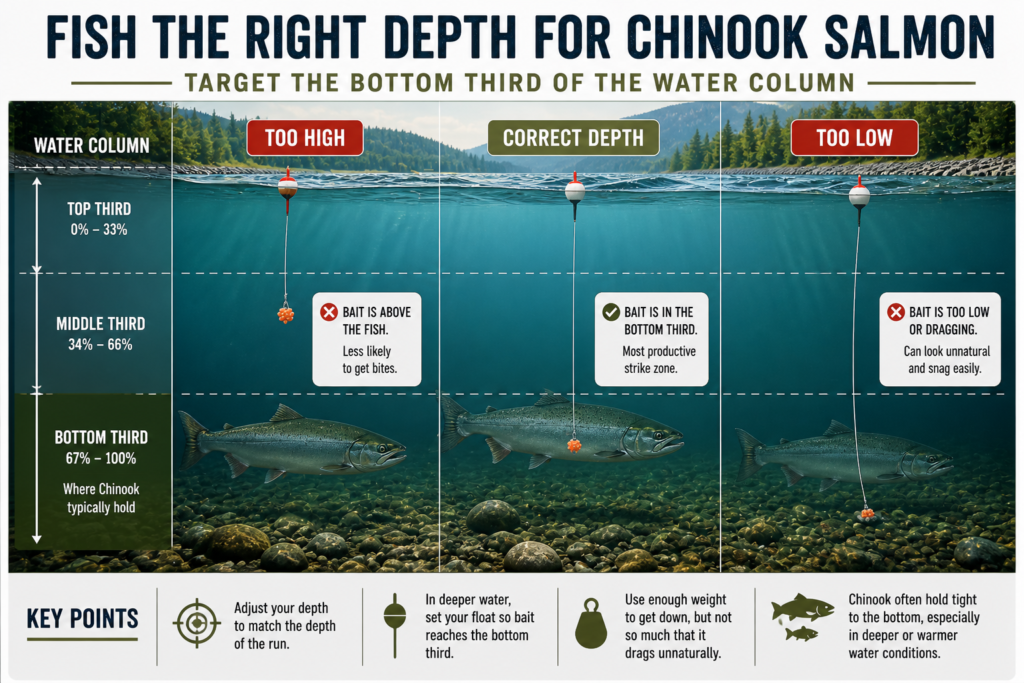 Diagram showing the correct depth to fish for Chinook salmon, with bait in the bottom third of the water column.