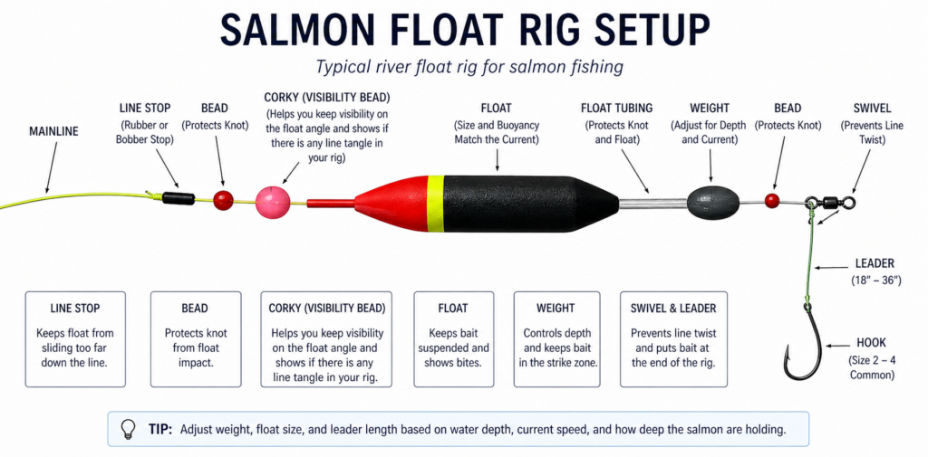 Chinook salmon float fishing setup with sliding float, weight, swivel, leader, and hook