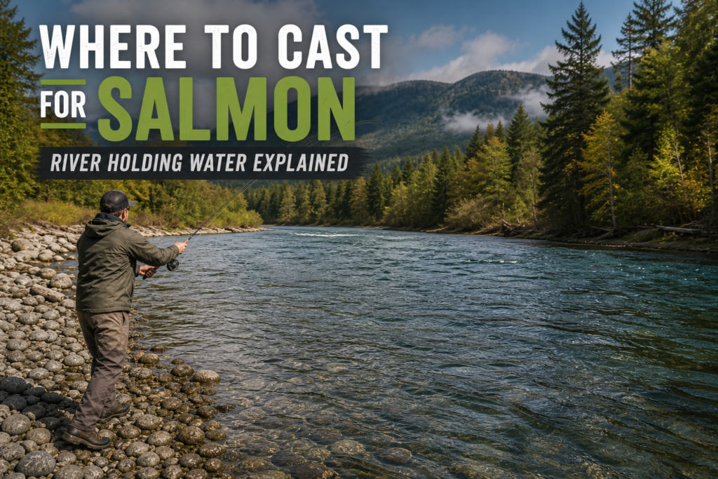 Angler casting for salmon from a rocky bank on a Northwest river