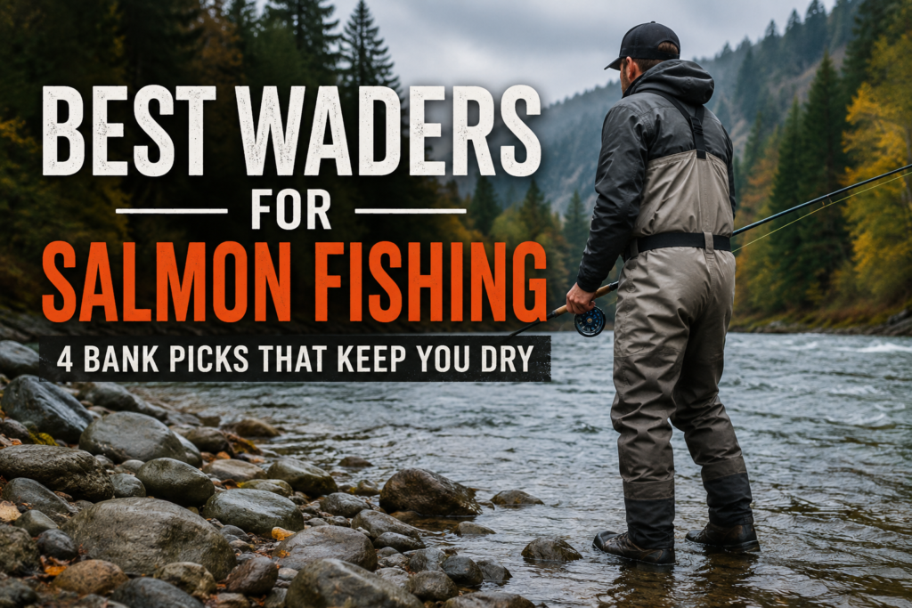 Angler wearing chest waders while salmon fishing from a rocky Northwest riverbank with evergreen trees and mountains in the background.
