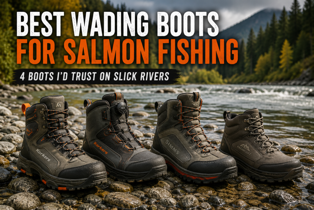 Best wading boots for salmon fishing displayed on wet river rocks beside a Northwest salmon river with evergreen trees and mountains in the background.