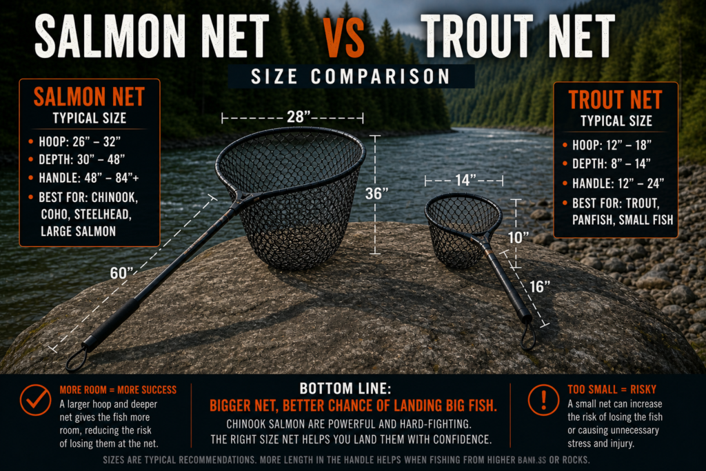 Salmon net and trout net size comparison showing larger hoop, deeper bag, and longer handle for salmon fishing