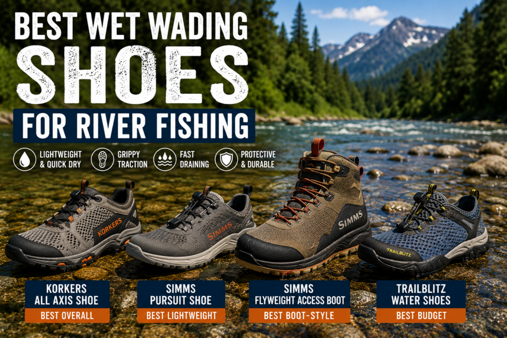 Best wet wading shoes for river fishing on shallow summer river rocks with clear water and a forested Northwest riverbank in the background.